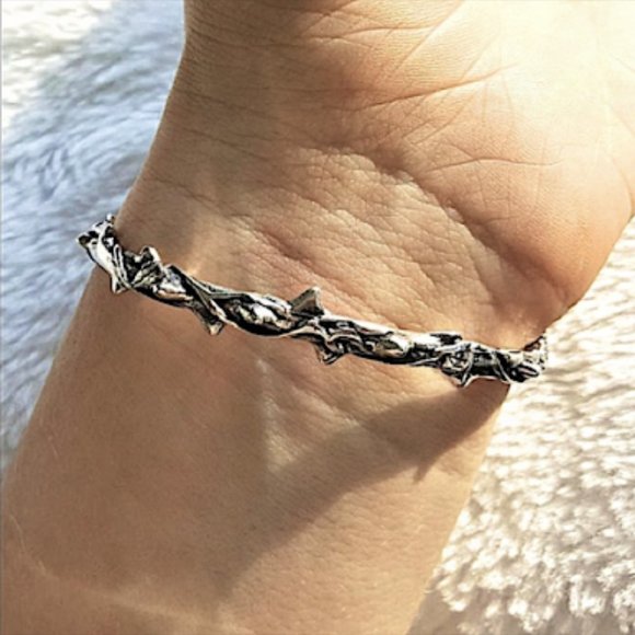 STERLING SILVER ROSE FLOWER BANGLE BRACELET - Picture 6 of 7